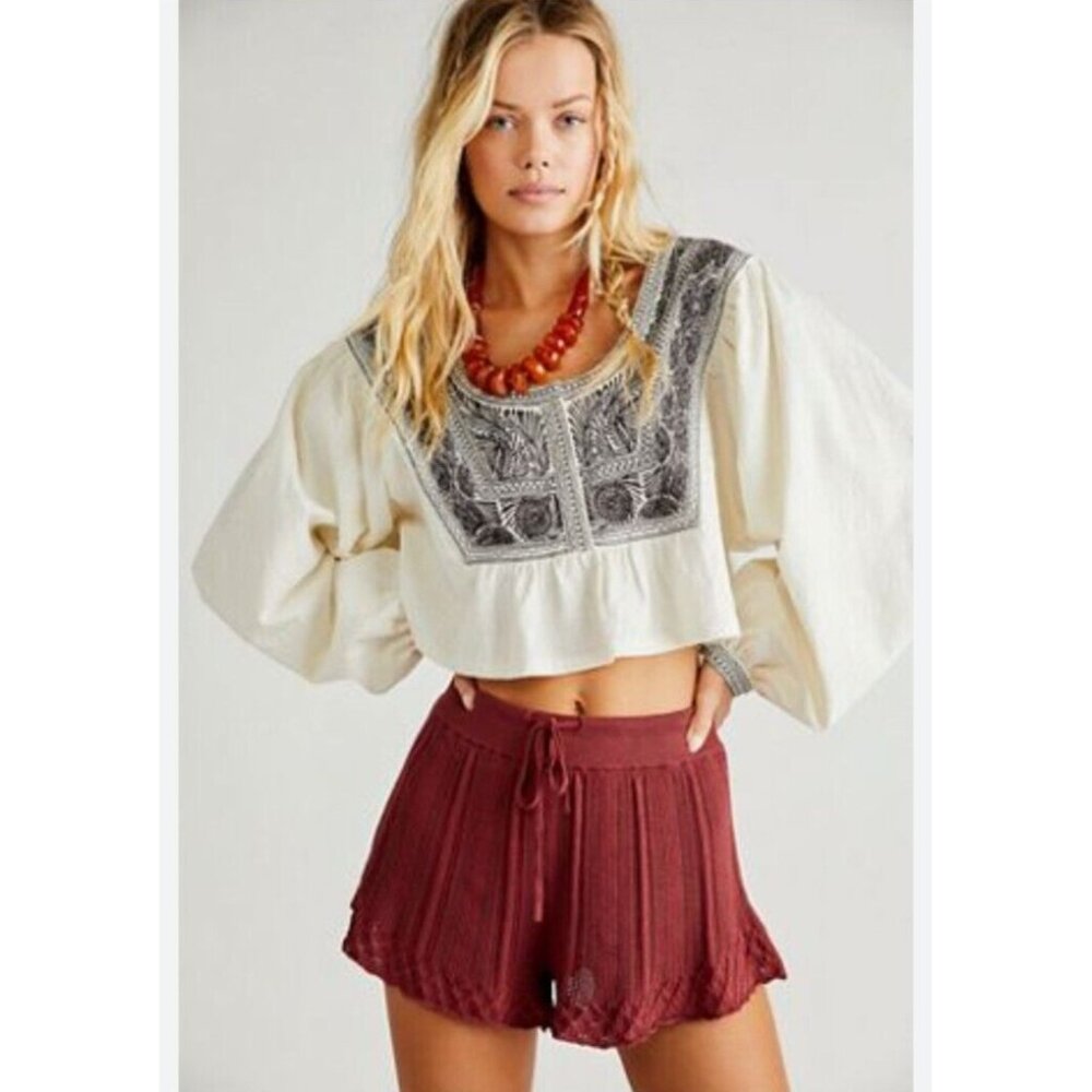 Free People Iggie Embroidered Top in Ivory & Black Bean Combo Size MEDIUM